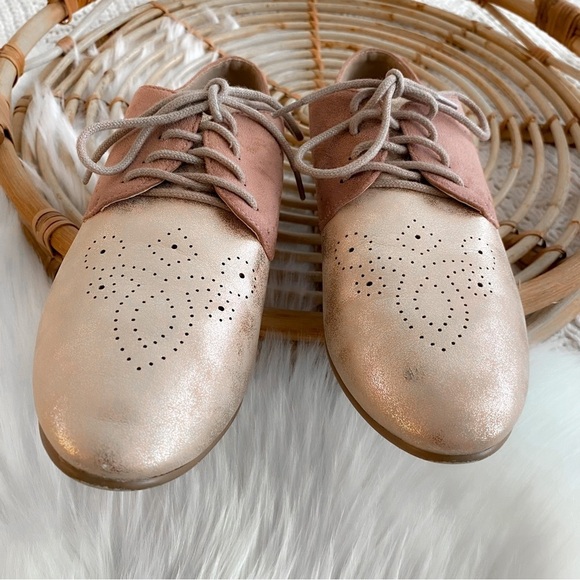Anthropologie Vanessa Wu Metallic Oxford Loafers Rose Gold Leather Suede Lace Up - Picture 7 of 15